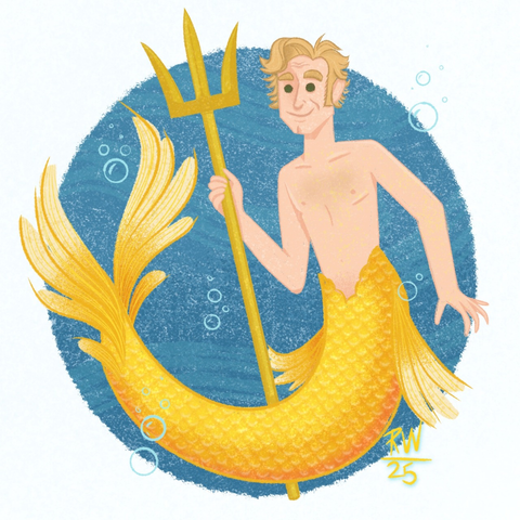 Digital illustration of a smiling MerStede holding a golden trident. He has big green eyes and his eyebrows are raised. His glittery gold & orange tail is curved upwards in a u shape, with a deeply forked tail fin. He also has fins on either side of his hips. Stede is drawn on a large blue circle on a white square background. The circle has a grainy texture with lighter blue wave shapes running through it. At the bottom right of the picture, the artist has signed the piece “RW 25”.