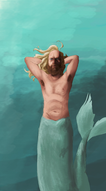 Digital drawing of MerButtons floating underwater with his arms raised and his hands folded behind his head. His expression is serious, and his piercing blue eyes look off into the distance. He has a full, light brown beard and long blond hair that floats in gentle waves to one side. His tail is a light teal, almost the same colour as the water, and its tip is bent upwards behind him, showing his forked tail fin.