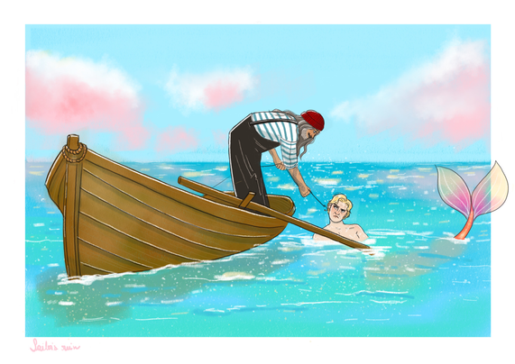Description via Sailor's Ruin: Ed dressed as fisherman with black overalls, white and blue striped shirt and red beanie. He's in a rowboat and he's leaning over the water to remove a hook that got caught in merStede's earring. Stede doesn't look amused at all.