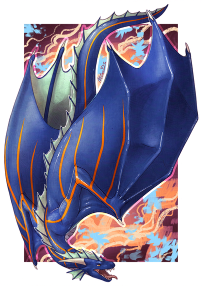 a blue wyvern with orange stripes and light green frills floating through a space of colors