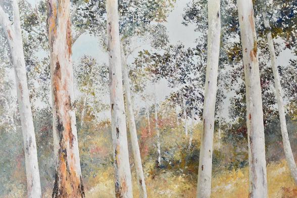 Textured landscape oil painting of the Australian bush in summer, featuring large closeup trunks in the foreground.