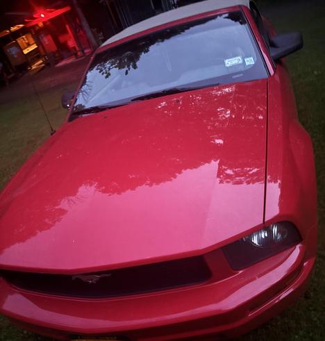 The hood and partial view of ragtop roof, at camp with rest rooms in background. The red car looks shiny, the tan roof looks clean.