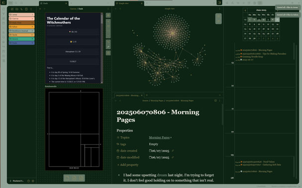 a screenshot of my obsidian set up. there are a few folders on the left, then a pane for some non-conventional clocks, then a pane for my graph view, then a pane of my morning page, and finally a calendar pane with a change log.