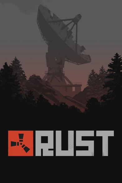 Game art of Rust game: it's logo and a communication antenna on a forest