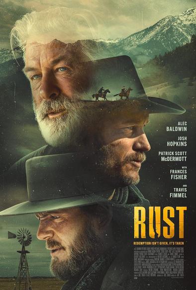 Poster of Rust movie: mashup of three serious men looking in different directions.