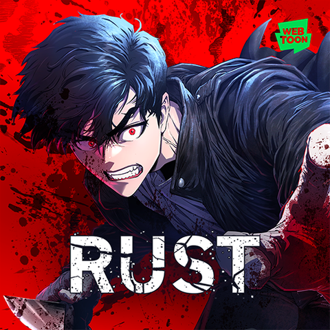 Promo image of Rust Webtoon: Angry and bloody hero holding a knife on a red background