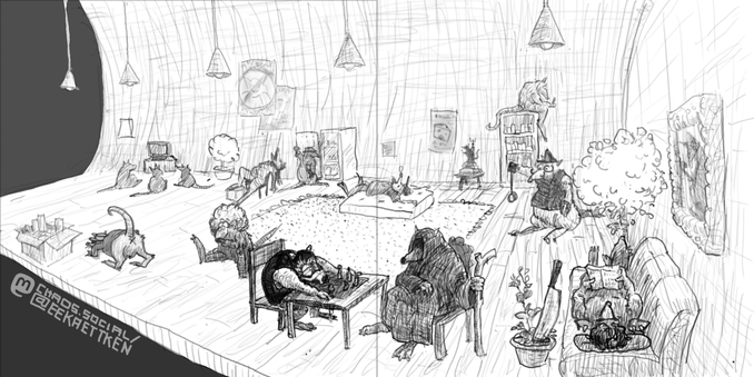 Digital drawing, black & grey on white.

A room full of humanlike rats in an interior living space. In the front, two rats are sitting on a table, one in a wrestling suit  laying tired over the table in front of a board game, one covered in a dark cape, holding a stick in one hand. To the right of them a rat is lying on a couch reading, besides it a big knife is standing in a flower pot . Behind them a rat in fetish wear is playing yo-yo. One rat is sitting on a shelf looking at a phone. One is lying sleeping on a mattress, another sleeps  on a chair. One looks into a fridge. One is sniffing around on the floor. One is picking around in its nose. Three rats in the background are watching TV. 

Several pictures on the walls, plants in the room and different stuff standing around. Lamps hanging from the ceiling. Wall on the right is rounded, a round dark hole is on the left side of the room. Downside of the pictures, the ground looks cut off.