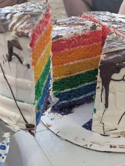 View of that cake with a slice taken away, revealing the 6 color layers -- red, orange, yellow, green, blue, and purple -- inside. And it's vibrant! Really vibrant!