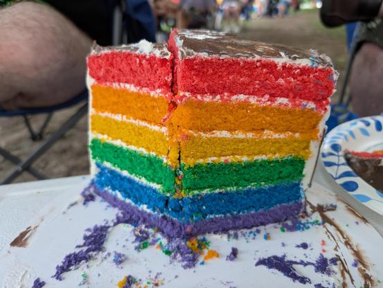 Close up view of the cake with most of it taken away to better show the vibrant colors within!