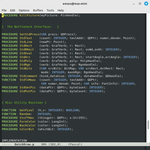 Screenshot of an Emacs editor screen displaying a page from QuickDraw.p, focusing on "The Bottleneck Interface."