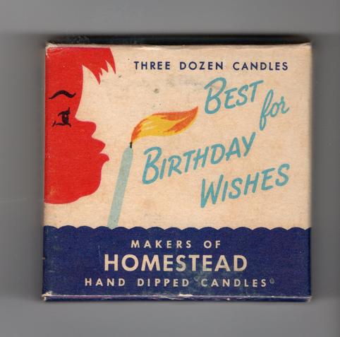 A square cardboard box of birthday candles, probably from the middle of the 20th century. This side features a red semi-silhouette (the eye and eyebrow are black) of a child in profile. He or she is blowing out a blue birthday candle. to the right of the child, at the top is the text "THREE DOZEN CANDLES" and below this and to the right of the candle is the text "Best for Birthday Wishes" in a casual script. A blue field with a scalloped top edge occupies the bottom third of the box, with text that reads "MAKERS OF HOMESTEAD HAND DIPPED CANDLES".