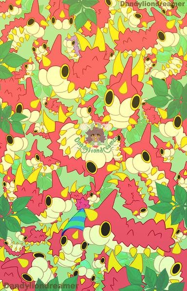a whole bunch of wurmples in different poses, theres one shiny, and one with a party hat!

the background is green and there are leaves all around