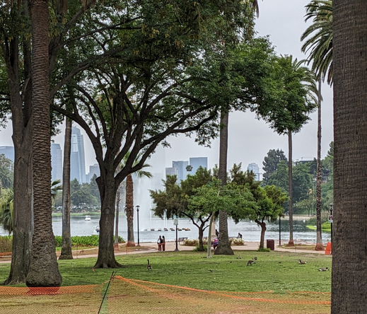 Echo Park with skyscrapers in the distance
