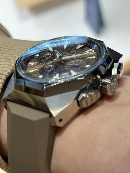 Wrist shot from the bottom right lug, crown and pushers side.