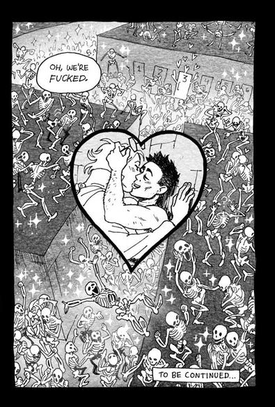 An aerial shot of a vast crowd of skeletons dancing and being silly. One steals another's head. Speech bubble reads "Oh, we're fucked." A semicircle of them listens in on the main characters making out. A heart panel in the center depicts Diploë and Fossa smoochin'~ Bottom text reads "To be continued..."