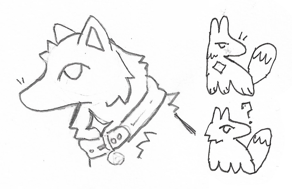 three drawings on paper; one is a headshot of a black fox with a collar, and the other two drawings are small chibis of this fox without the collar. one has a question mark and is missing the neck patch.