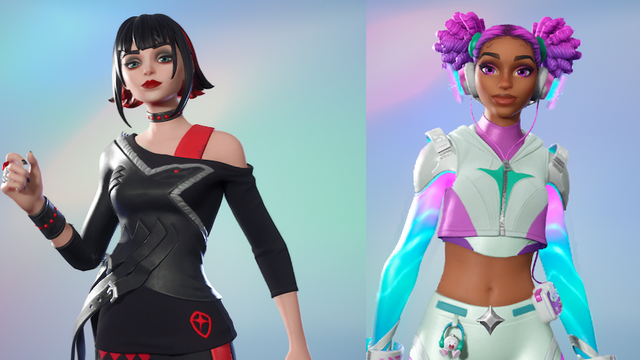The character on the left, Morgan Myst, has a gothic-punk look, pale skin, short black hair with red highlights and blunt bangs. The outfit is also black with red accents, revealing one shoulder. The character wears smoky eye makeup and red lipstick.

The character on the right, Synthwave, has a retrowave or sci-fi style, brown skin, pink and purple hair styled in two buns. The character wears headphones and a white long sleeve crop top with pastel blue and pink accents.