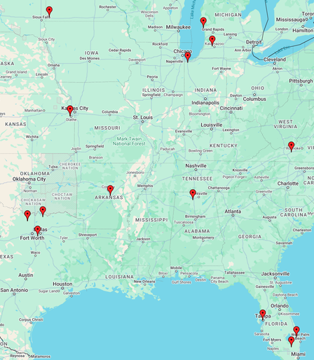 A map of the eastern US with little marked of the places I've manage to get HAM Radio contacts today!