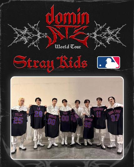 Graphic featuring the dominATE Tour, Stray Kids and MLB logos. A photo of Stray Kids is featured underneath. The members are holding up custom baseball jerseys with each of their names on them.