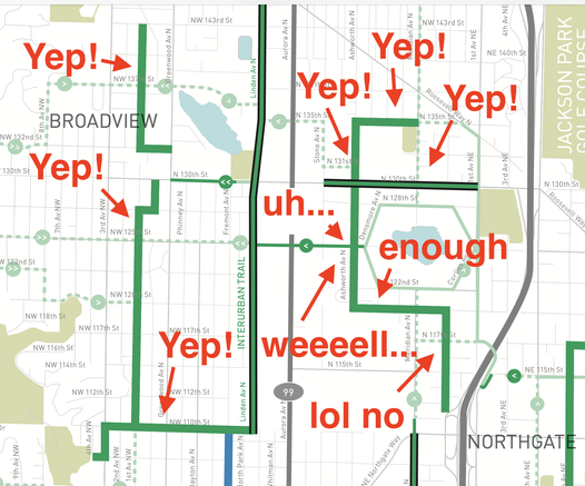 Greater Broadview and other areas of North Seattle with a bunch of new bike infrastructure on the Seattle 2025 bike map, some of which is absolutely not there. (Yet.) Arrows point out what actually is (marked "Yep!") and commentary like "uh" and "weeeeell" and "enough" on ones that are there but are not complete or are weird, and "lol no" on one which only actually consists of a posted planning sign.