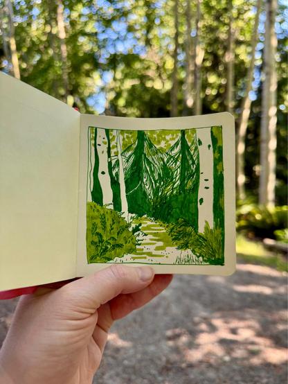 A small square sketchbook with a drawing of a tree-lined path in vibrant greens. There’s a cool, fairly dark green for the lines and shadows and a warm green for the mid tones.