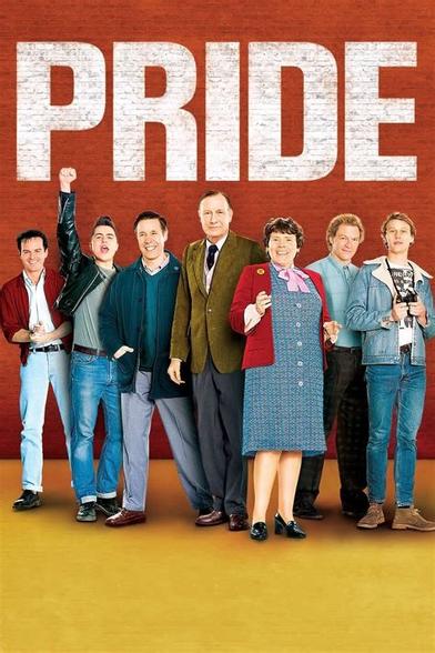 Promotional art for the 2014 movie Pride. Shows the cast standing beneath the title.