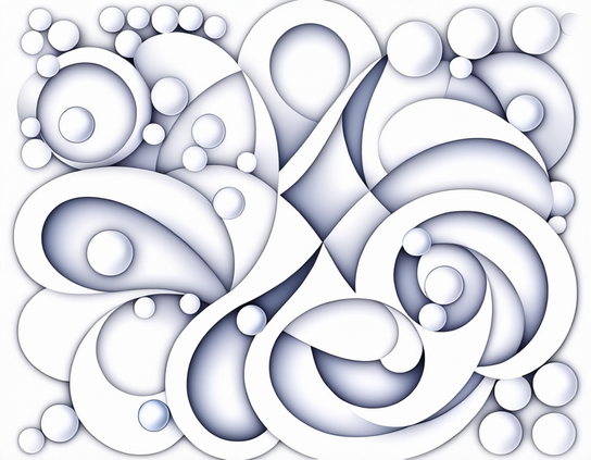 A clean abstract composition of layered swirling geometric shapes and circles in white and soft gray tones, creating a modern and elegant three-dimensional pattern.