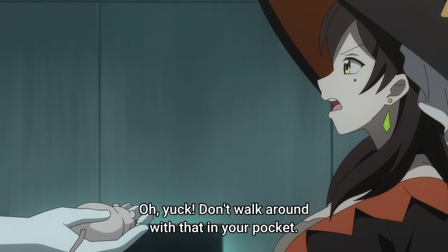 A witch started by a man pulling out a rat from his pocket
Subtitle: Oh, yuck! Don't walk around with that in your pocket