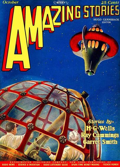 A steel and glass structure containing a telescope is at the bottom left with two figures inside it, who are looking up at an alien-looking space ship above them.
Amazing Stories magazine cover from 1927.