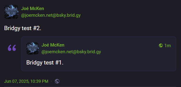 Screenshot from Mastodon.social, with a successful quote-post of my own post under my bridged account (@joemcken.net@bsky.brid.gy).