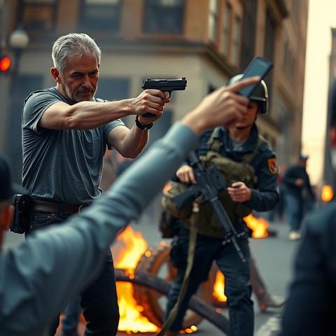On a city street, a protester aims a pistol at someone out of frame. Behind him, a helmeted National Guard soldier is moving toward him carrying a rifle. In front of the protester, another protester is holding up a smartphone to video the scene. In the background is a burning tyre.

Generated image.