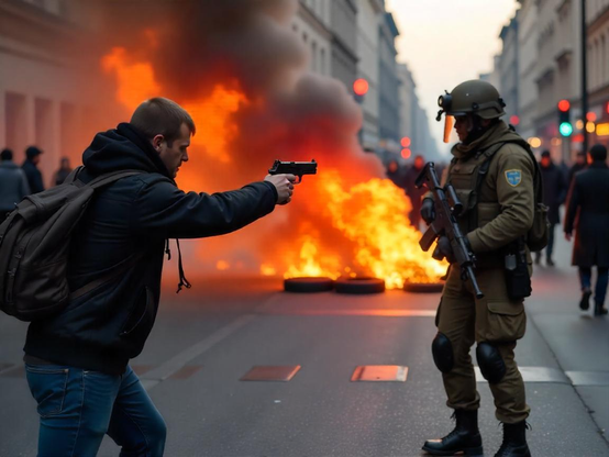 On a city street, a protester wearing jeans and a black hoodie is pointing a pistol at a National Guard soldier holding a rifle. In the background is a pile of burning tyres.

Generated image.