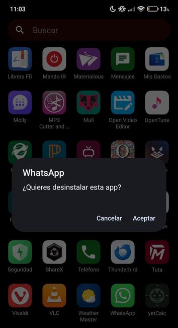 Cuadro de confirmación para eliminar la aplicación