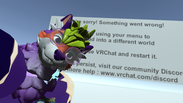 a shinny maned wolf avatar in the VRChat error world that says "We're sorry! Soming went wrong. 1. Try using your menu to load into a different world 2. Close VRChat and restart it. If problems persist, visit our community Discord to get more help : www.vrchat.com/discord"