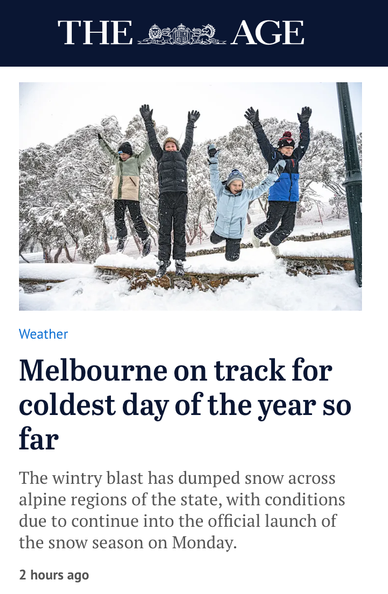 Screenshot of headline forecasting Melbourne's coldest day this year.