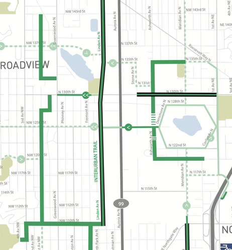 The MEGAMAP version of the map section shown earlier in this thread, more accurately representing what is actually on the ground in terms of bike infrastructure in these areas. Some parts of the Seattle 2025 map bike facilities are not shown at all (because they don't exist yet); some sections particularly of Ashworth Ave's Neighbourhood Greenway are shown as the walk/bike paths they are. (Ashworth Ave is discontinuous in the range twice.)