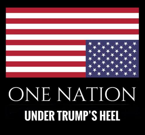 Upside down American flag with the text, “ONE NATION, UNDER TRUMP’S HEEL”