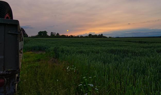 Abendstimmung mit Sonnenuntergang, rosarote wolkenfärbung am Himmel, über ein Feld fotografiert. Im Vordergrund links ein älterer Bauern-Trecker Anhänger.