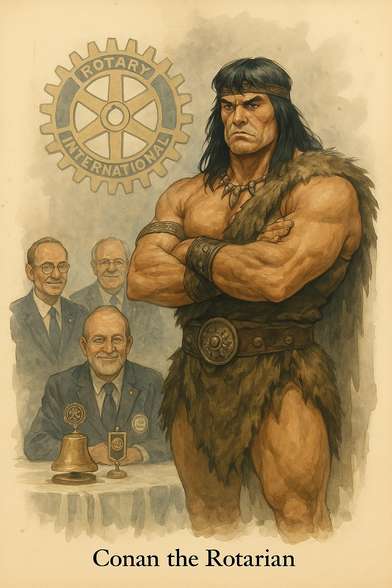 Conan the Barbarian stands in front of a Rotary International sign, and in the background there is a stereotypical Rotarian meeting, with the bell and men in suits.