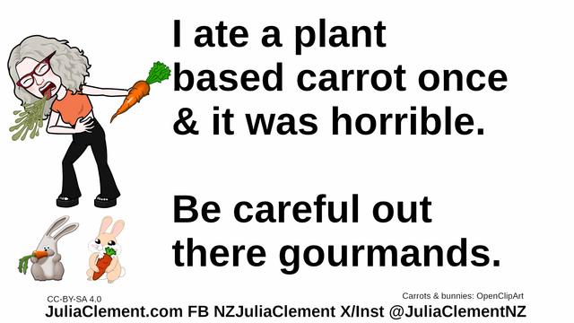 A standing Julia pukes, one hand is on her belly, the other holds a carrot. Below her are two bunnies eating carrots. Text: I ate a plant based carrot once & it was horrible. Be careful out there gourmands.