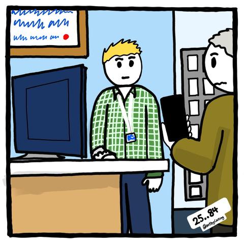 Pictured at pod dealing with difficult customer. Computer terminal facing away from them displays on the wall in a brightly lit shop