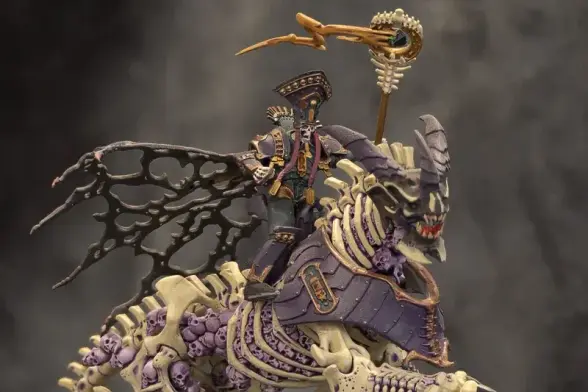 This image showcases a miniature figure of a person riding a skeletal dragon. The dragon is purple with yellow accents, and it has large wings and a detailed skeletal structure. The rider is holding a sword, suggesting a warrior theme. The background is dark, which helps to highlight the figure.