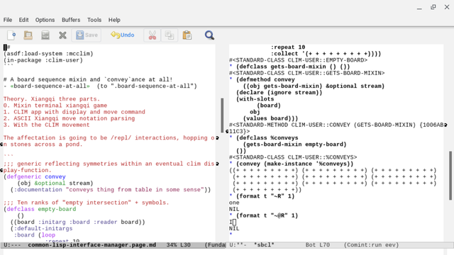An emacs split screen showing the markdown document article on the left, and the bits of it evaluating live in eepitch-sbcl buffer on the right. There's a list that looks plausibly like Chinese chess board.