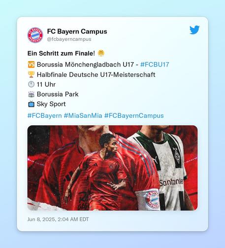 𝗘𝗶𝗻 𝗦𝗰𝗵𝗿𝗶𝘁𝘁 𝘇𝘂𝗺 𝗙𝗶𝗻𝗮𝗹𝗲! 😤

🆚 Borussia Mönchengladbach U17 - #FCBU17
🏆 Halbfinale Deutsche U17-Meisterschaft
🕚 11 Uhr 
🏟️ Borussia Park
📺 Sky Sport

#FCBayern #MiaSanMia #FCBayernCampus https://t.co/LxqfgUzT5g