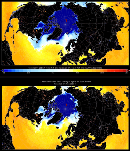 2 maps of the Northern hemisphere for fire activity and sea surface temperature in June and July 2023 in % of their all-time maximum in the grid cell.
Orange is highest-ever fire activity.
Blue-white is fire activity but grid cell had burned before and intensity didn't reach all-time maximum in June or July 2023. 

East and also West Canada, and East Siberia show large areas with highest-ever fire activity.
Mexico, California, East of Turkey, and all of Eastern China also have much fire activity but the colours are blue-ish white so they had burned before and didn't reach their maximum in June July 2023.

Source fires: Copernicus GFAS
Source SST: NOAA satellite obs Coast Watch
image generator: Panoply
