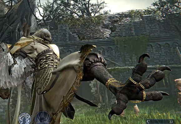 the Guardian character, an anthropomorphic hawk sorta bird person, mid-kick. His toes are extremely detailed, and he's wearing some lovely gold toned jewelry that consists of an anklet, and chains that go down around the front three toes from the anklet.