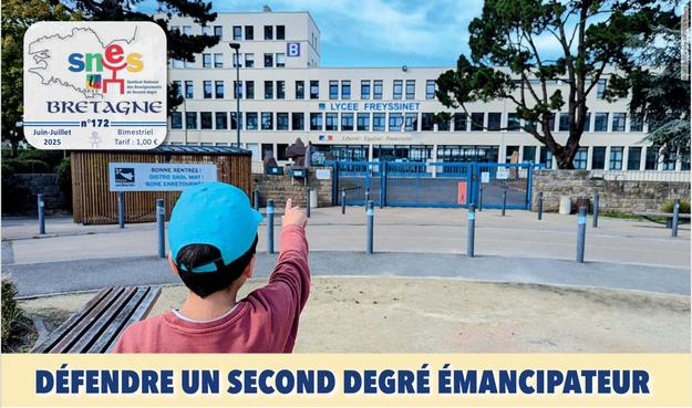 Photo d'un adolescent pointant du doigt un lycée public + titre : Défendre un second degré émancipateur.