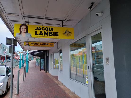 Jacquie Lambie's office in Burnie with bright yellow signage