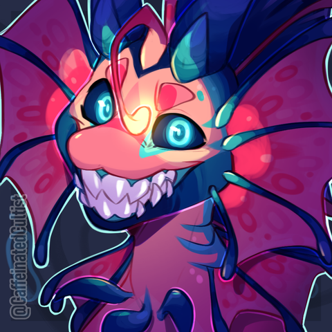 digital art of a furry lionfish character illuminated in the dark by its yellow glowing lure. Staring directly at the viewer with intimidating sharp teeth, and piercing eyes.

Artwork by, CaffeinatedCultist