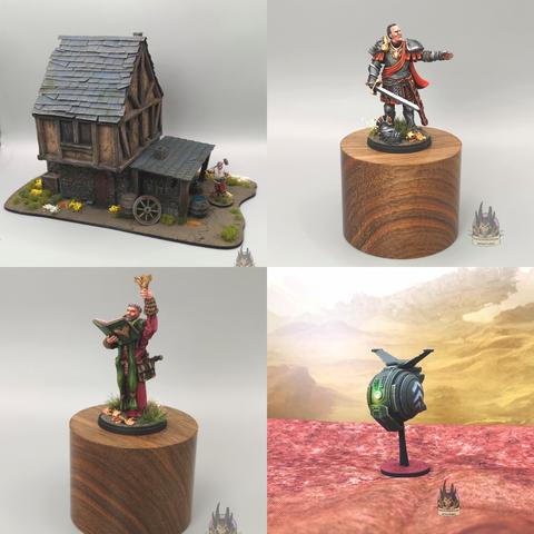 Composite grid of 4 images - left-right, top- bottom: Blacksmith's house (scratchbult with some 3d print and cast resin elements), Imperial Officer, Neophyte (both for Conquest by Para Bellum Games), Drone (from SMFX)